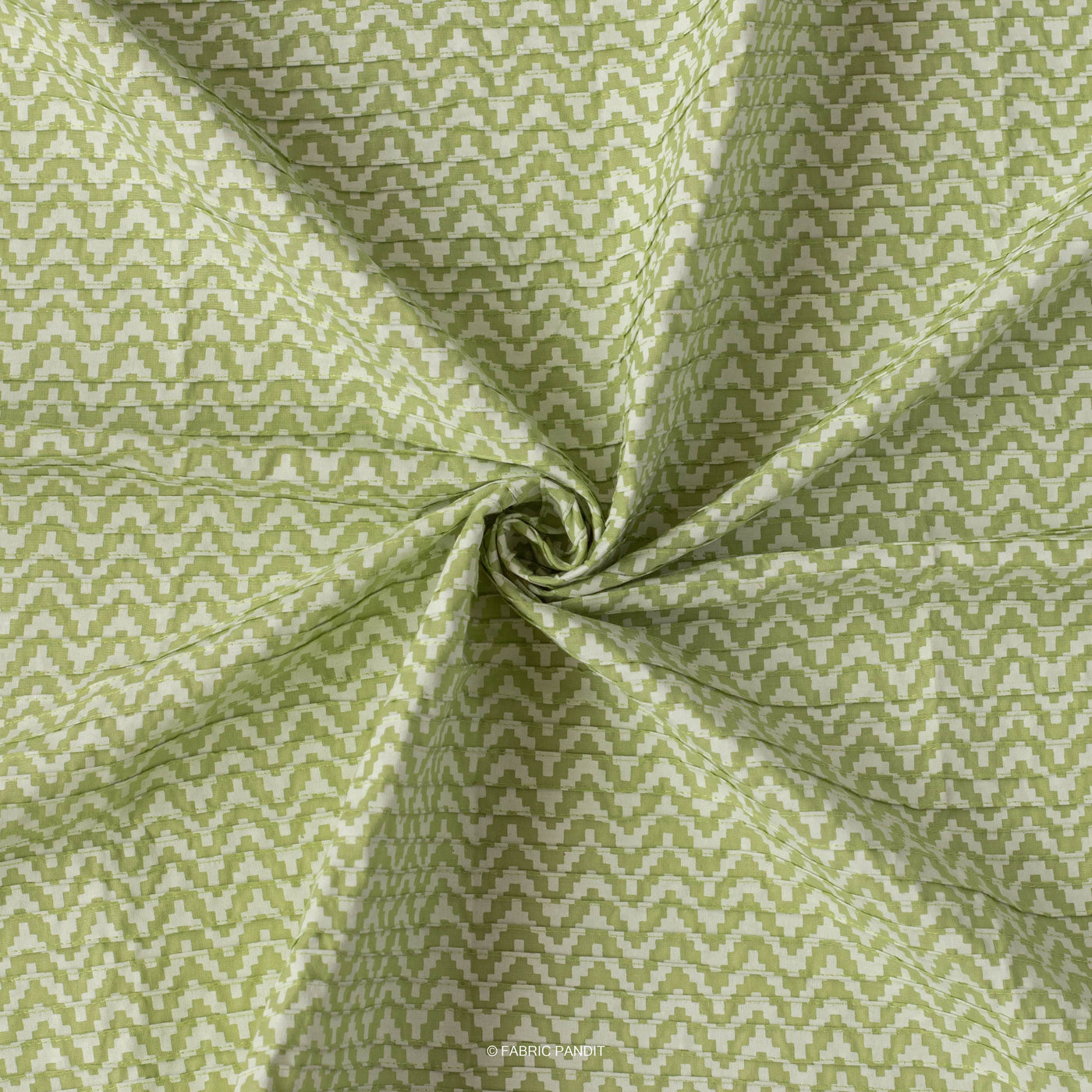 Fabric Pandit Cut Piece (CUT PIECE) Green And White Geometric Zig-Zag With Pintuck Screen Printed Embroidered Pure Cotton Fabric (Width 31 Inches)