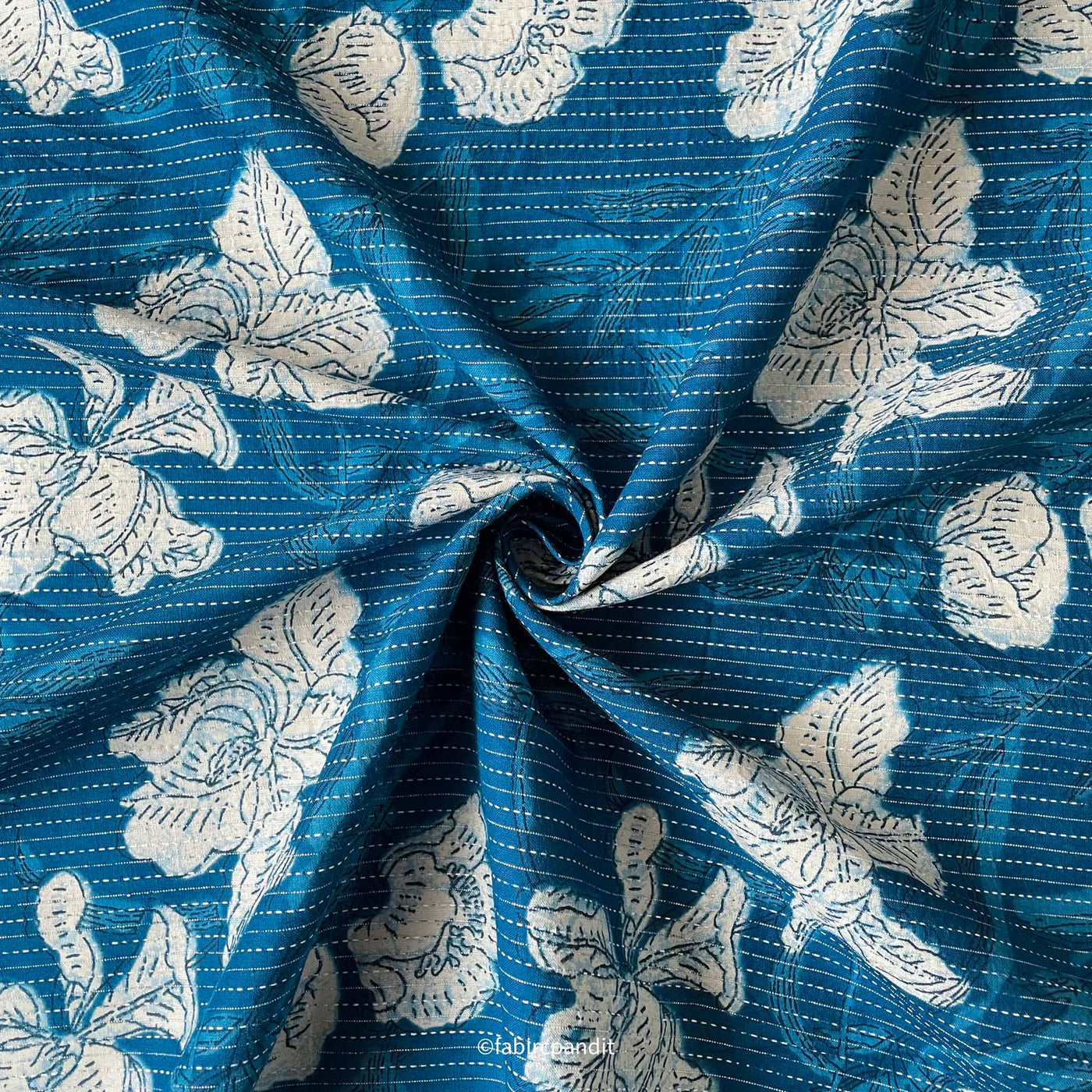 Fabric Pandit Cut Piece (Cut Piece) Indigo Blue and White Abstract Floral Hand Block Printed Kantha Pure Cotton Fabric (Width 43 inches)