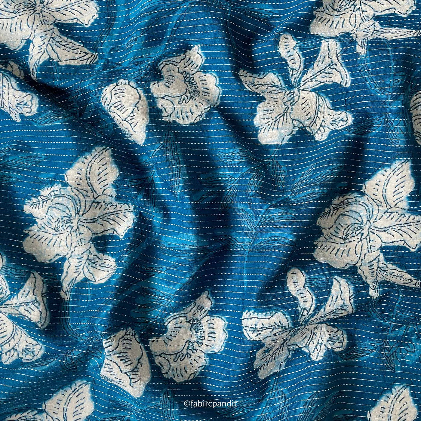 Fabric Pandit Cut Piece (Cut Piece) Indigo Blue and White Abstract Floral Hand Block Printed Kantha Pure Cotton Fabric (Width 43 inches)