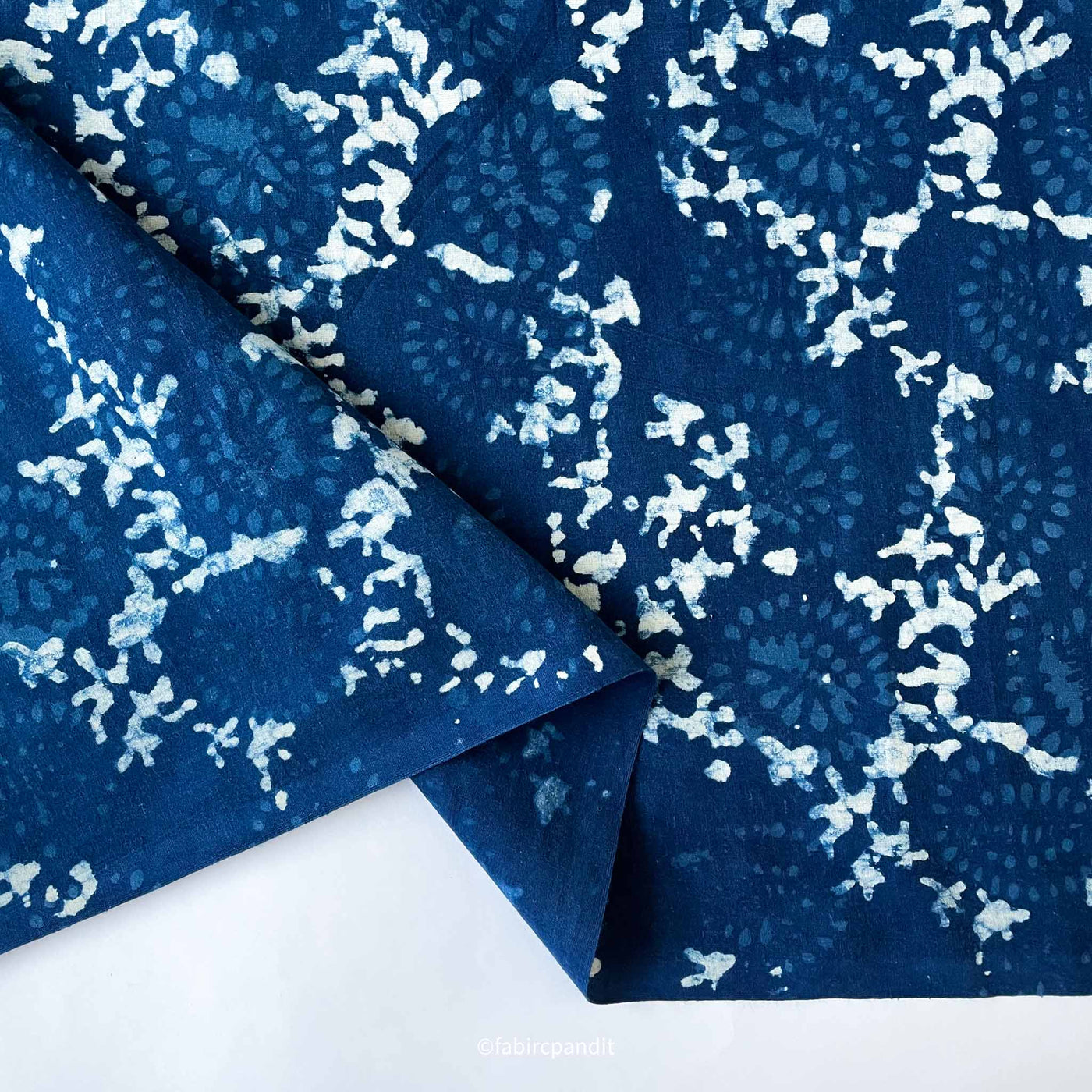 Fabric Pandit Cut Piece (CUT PIECE) Indigo Dabu Natural Dyed Abstract & Floral Pattern Hand Block Printed Cotton Fabric (Width 43 inches)