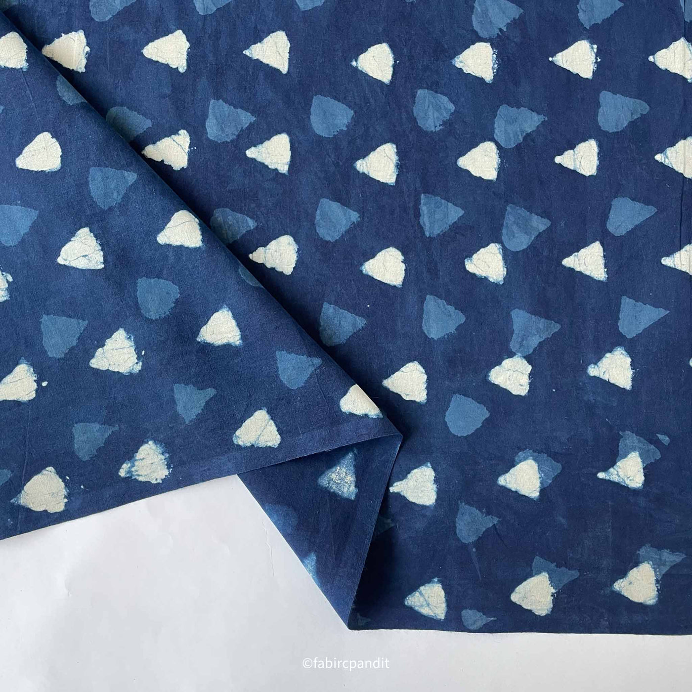 Fabric Pandit Cut Piece (CUT PIECE) Indigo Dabu Natural Dyed White and Blue Triangles Hand Block Printed Pure Cotton Fabric (Width 43 inches)