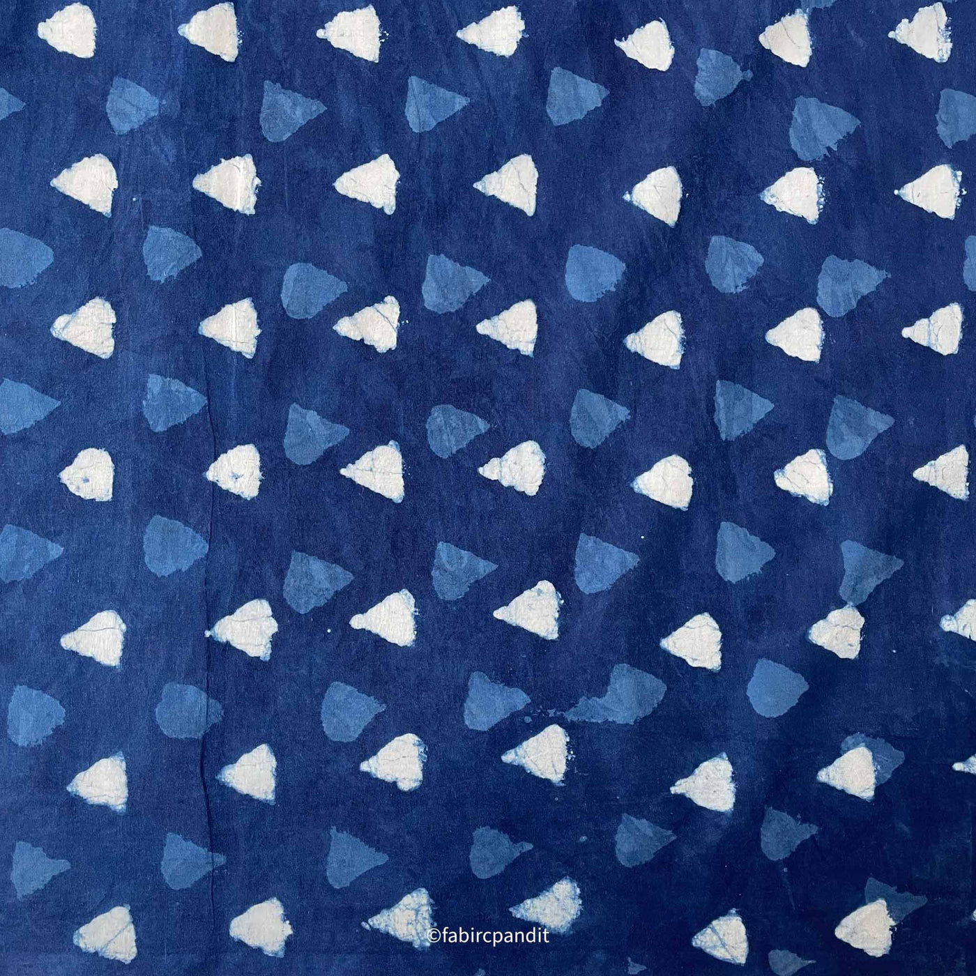 Fabric Pandit Cut Piece (CUT PIECE) Indigo Dabu Natural Dyed White and Blue Triangles Hand Block Printed Pure Cotton Fabric (Width 43 inches)