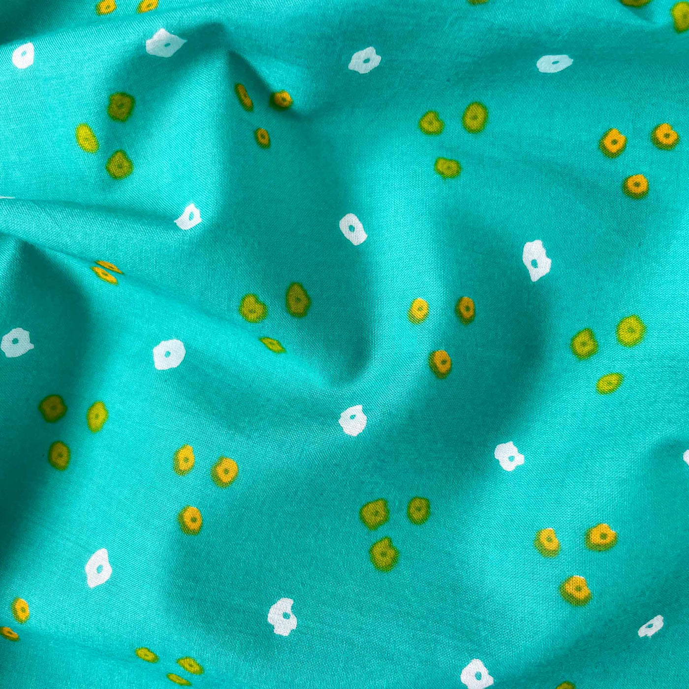 Fabric Pandit Cut Piece (CUT PIECE) Light Turquoise and Yellow Dots and Triangles Bandhani Pattern Hand Block Printed Pure Cotton Fabric Width (43 inches)