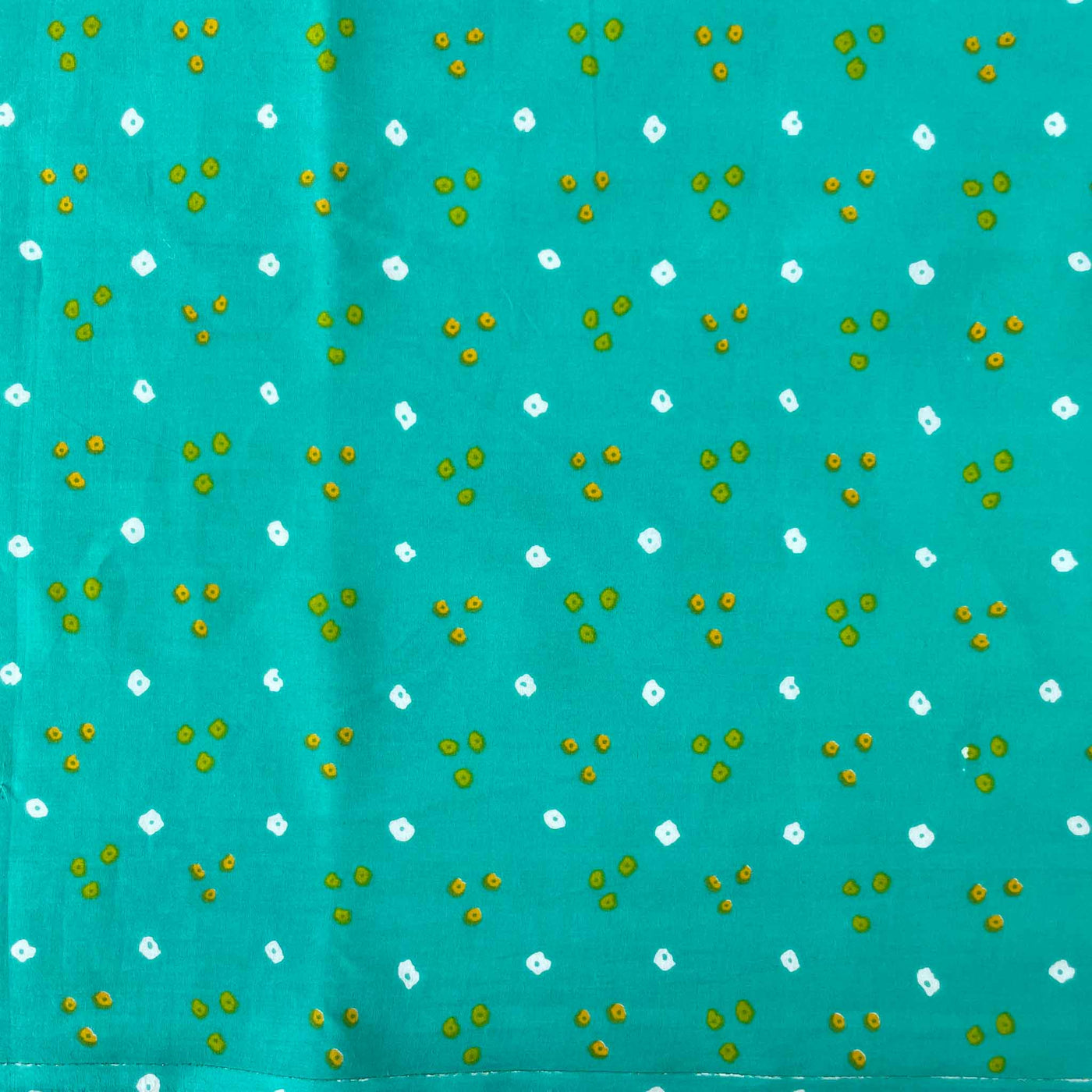Fabric Pandit Cut Piece (CUT PIECE) Light Turquoise and Yellow Dots and Triangles Bandhani Pattern Hand Block Printed Pure Cotton Fabric Width (43 inches)