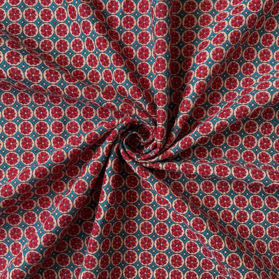 Fabric Pandit Cut Piece (Cut Piece) Maroon & Coral Blue Mediterranean Flora Hand Block Printed Pure Cotton Silk Fabric (Width 42 Inches)