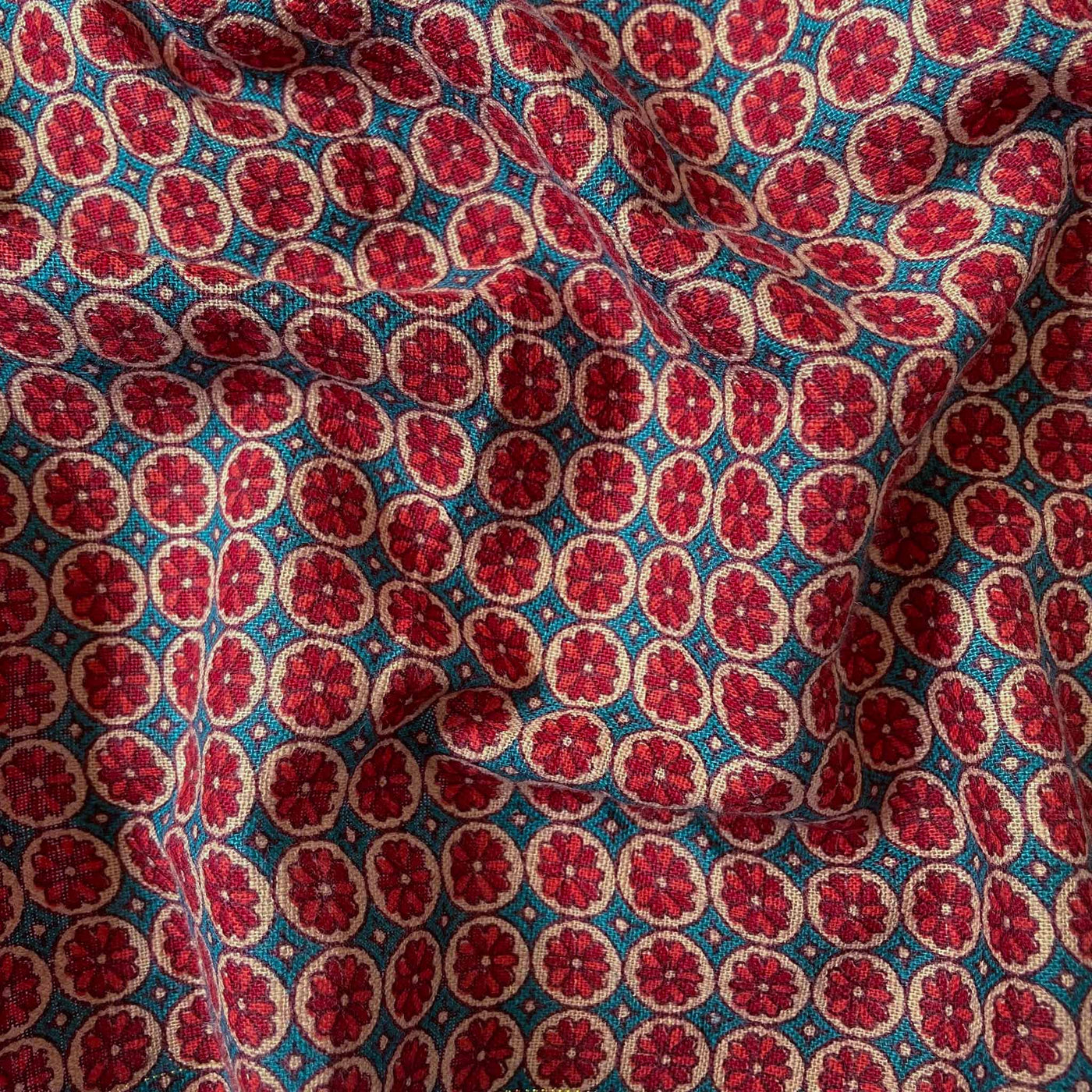 Fabric Pandit Cut Piece (Cut Piece) Maroon & Coral Blue Mediterranean Flora Hand Block Printed Pure Cotton Silk Fabric (Width 42 Inches)