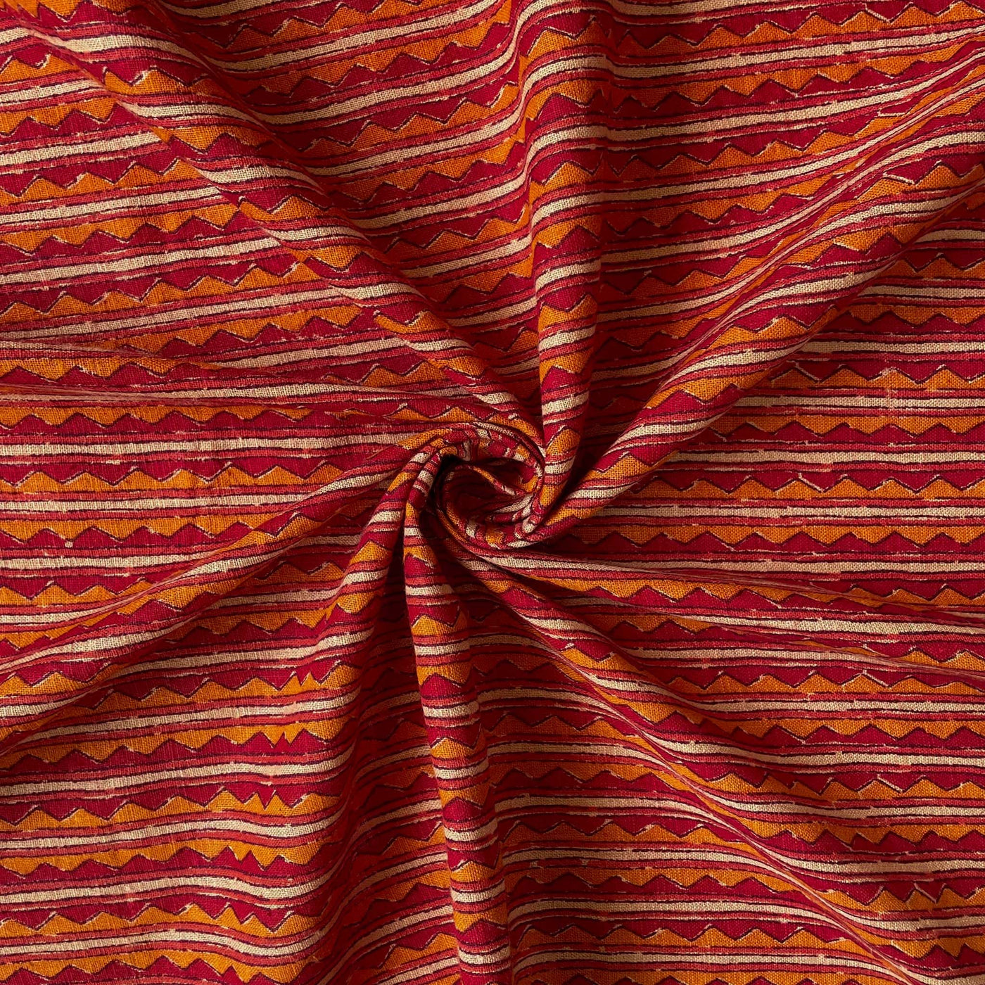Fabric Pandit Cut Piece (Cut Piece) Maroon & Mustard Summer in Hawaii Zig-Zag Stripes Hand Block Printed Pure Cotton Silk Fabric (Width 42 Inches)