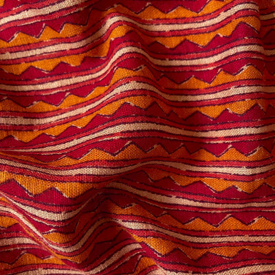 Fabric Pandit Cut Piece (Cut Piece) Maroon & Mustard Summer in Hawaii Zig-Zag Stripes Hand Block Printed Pure Cotton Silk Fabric (Width 42 Inches)