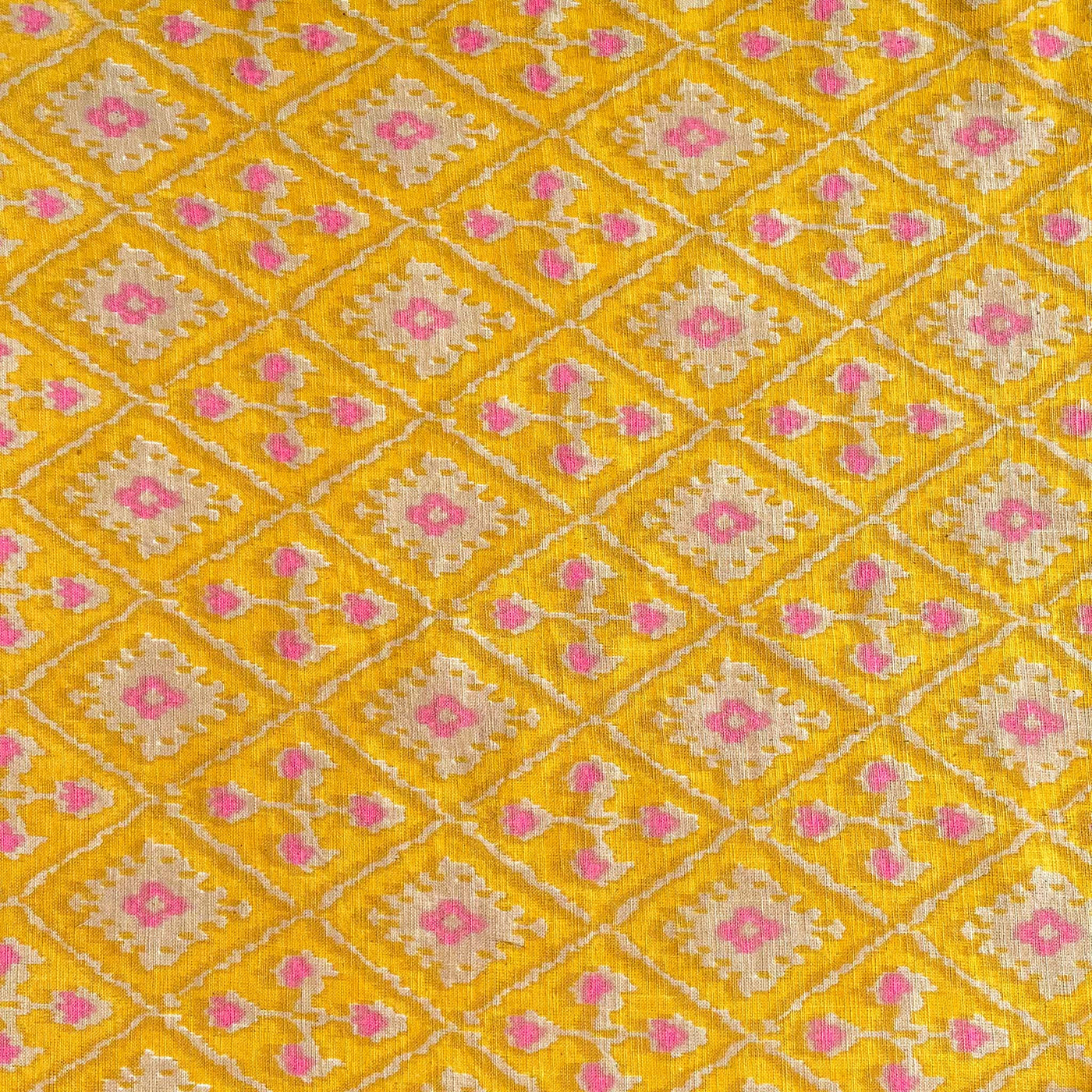 Fabric Pandit Cut Piece (CUT PIECE) Mustard and Orange Phulkari Ikat Hand Block Printed Pure Cotton Silk Fabric (Width 42 Inches)