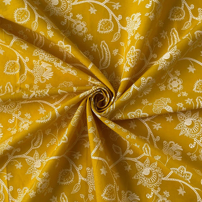 Fabric Pandit Cut Piece (Cut Piece) Mustard and White Abstract Floral Vines Hand Block Printed Pure Cotton Fabric Width (43 inches)