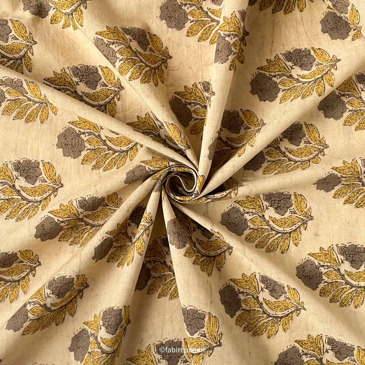 Fabric Pandit Cut Piece (CUT PIECE) Ocher and Brown Flower Bunch Hand Block Printed Pure Cotton Fabric (Width 43 inches)