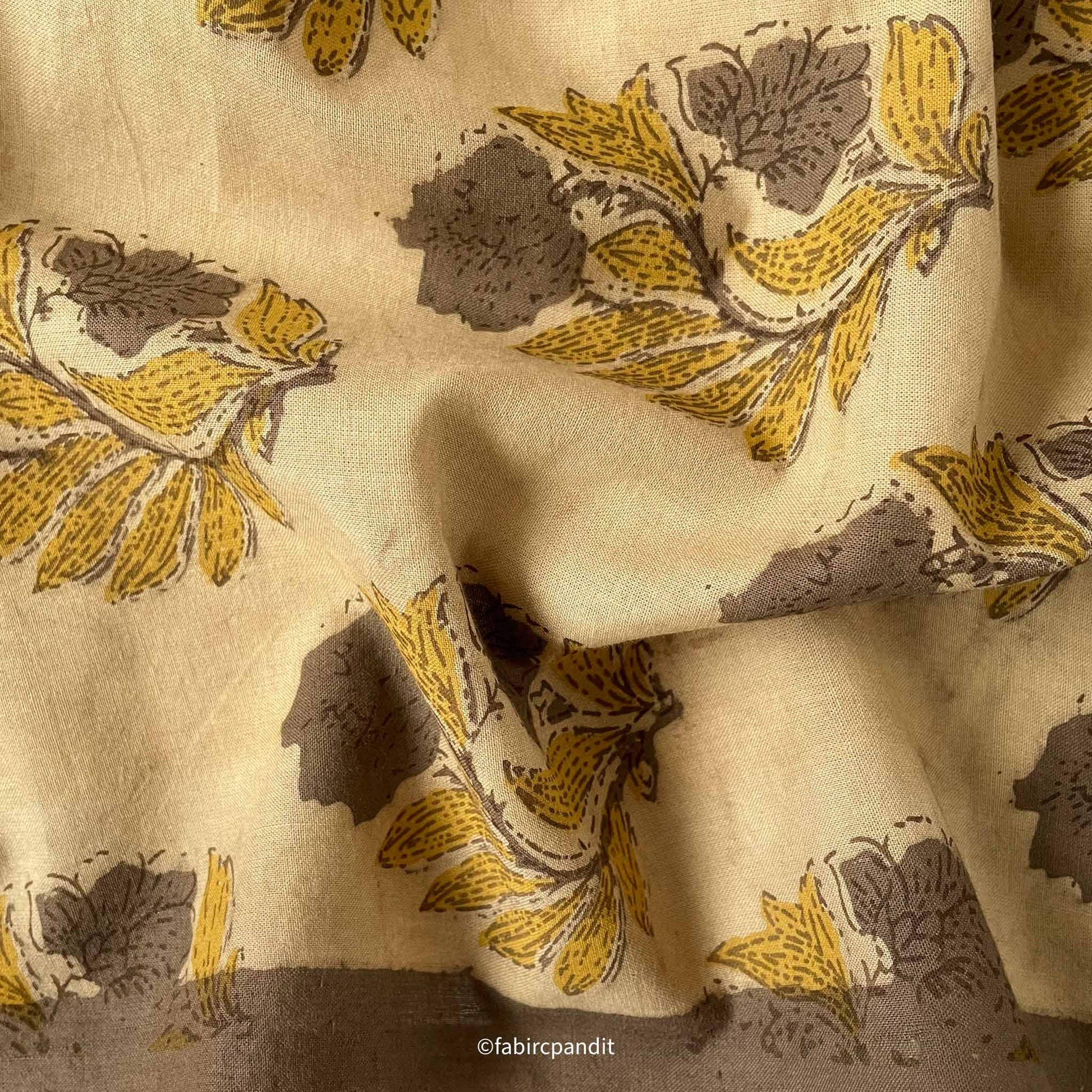 Fabric Pandit Cut Piece (CUT PIECE) Ocher and Brown Flower Bunch Hand Block Printed Pure Cotton Fabric (Width 43 inches)