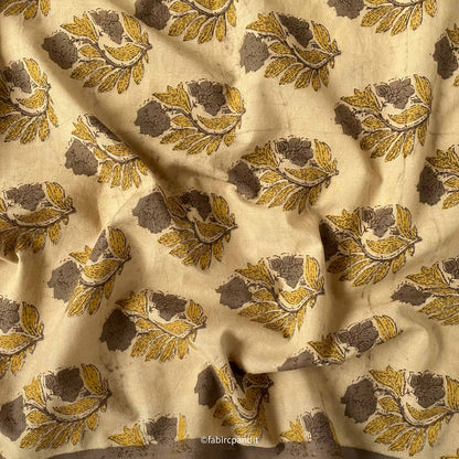 Fabric Pandit Cut Piece (CUT PIECE) Ocher and Brown Flower Bunch Hand Block Printed Pure Cotton Fabric (Width 43 inches)