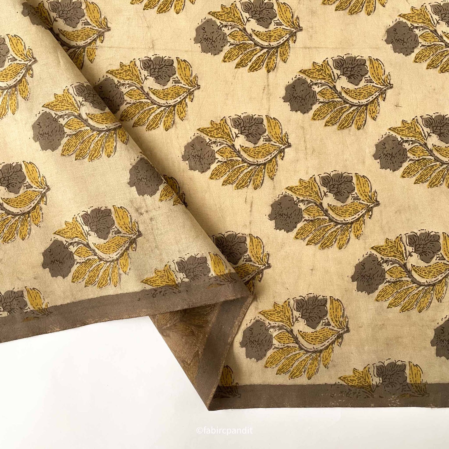 Fabric Pandit Cut Piece (CUT PIECE) Ocher and Brown Flower Bunch Hand Block Printed Pure Cotton Fabric (Width 43 inches)