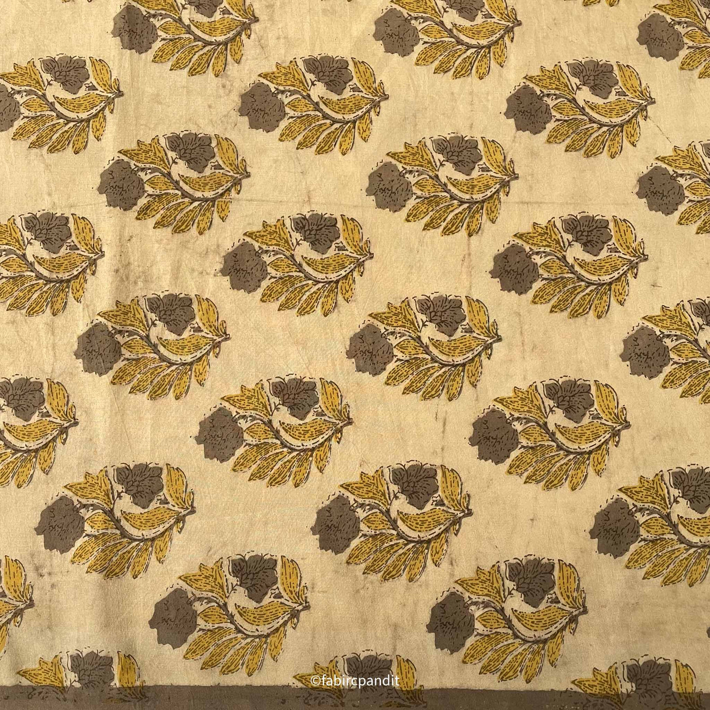 Fabric Pandit Cut Piece (CUT PIECE) Ocher and Brown Flower Bunch Hand Block Printed Pure Cotton Fabric (Width 43 inches)