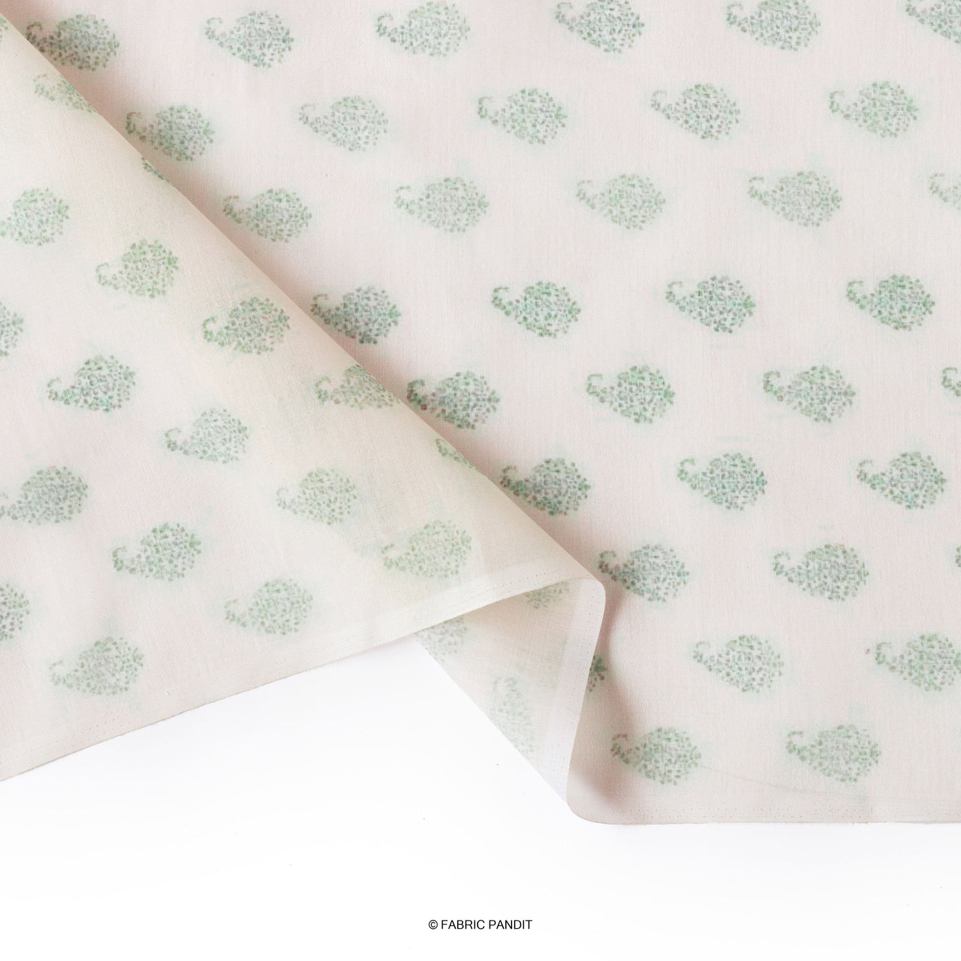 Fabric Pandit Cut Piece (CUT PIECE) Off-White and Green Block Paisely Pattern Digital Printed Cotton Fabric (Width 43 Inches)