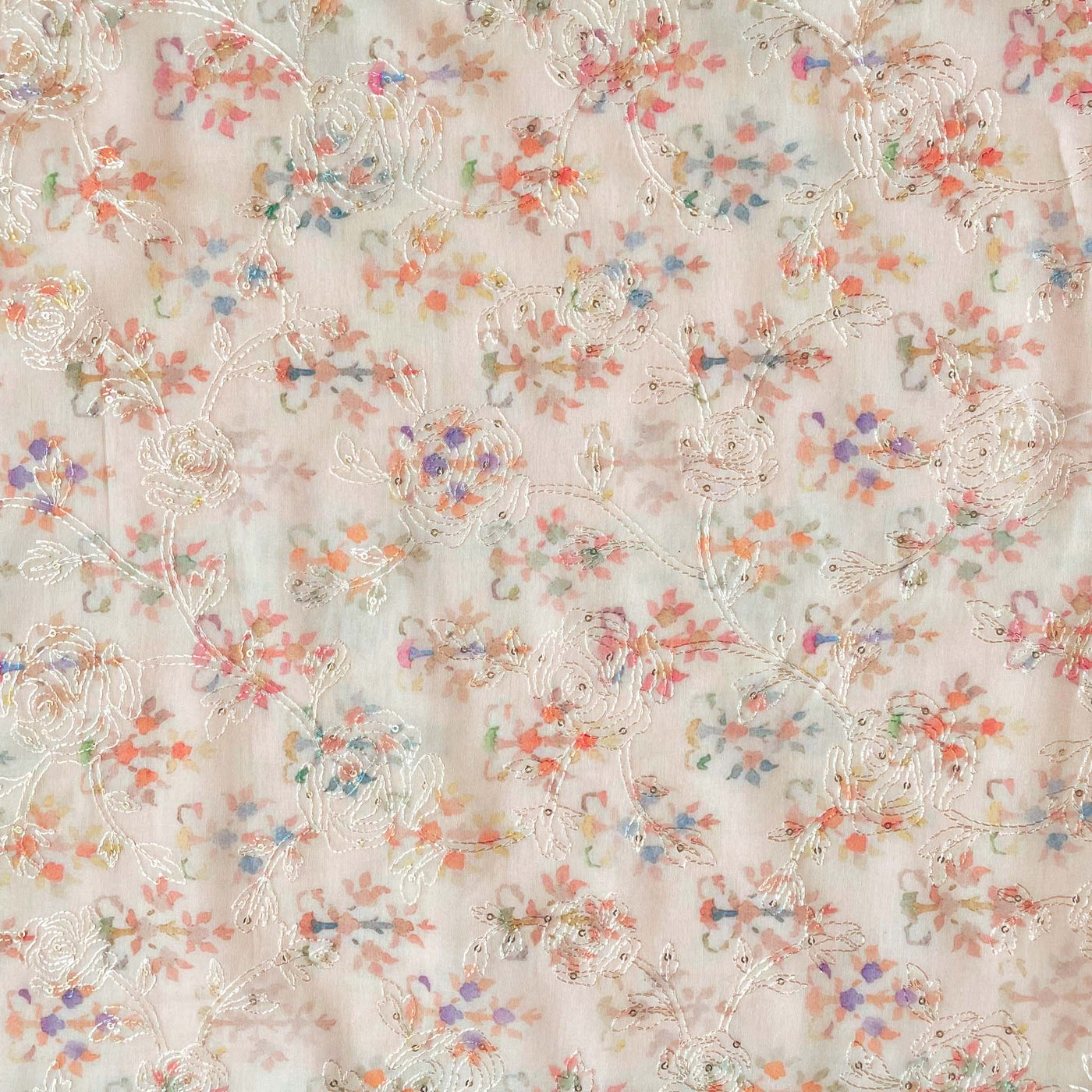 Fabric Pandit Cut Piece (CUT PIECE) Peach & Multi-color Brush Paint Florals Digital Printed Embroidered Cotton Fabric (Width 43 Inches)