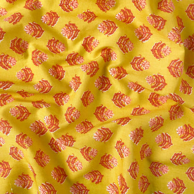 Fabric Pandit Cut Piece (CUT PIECE) Peach & Yellow Floral Pattern Screen Printed Pure Cotton Fabric (Width 43 inches)