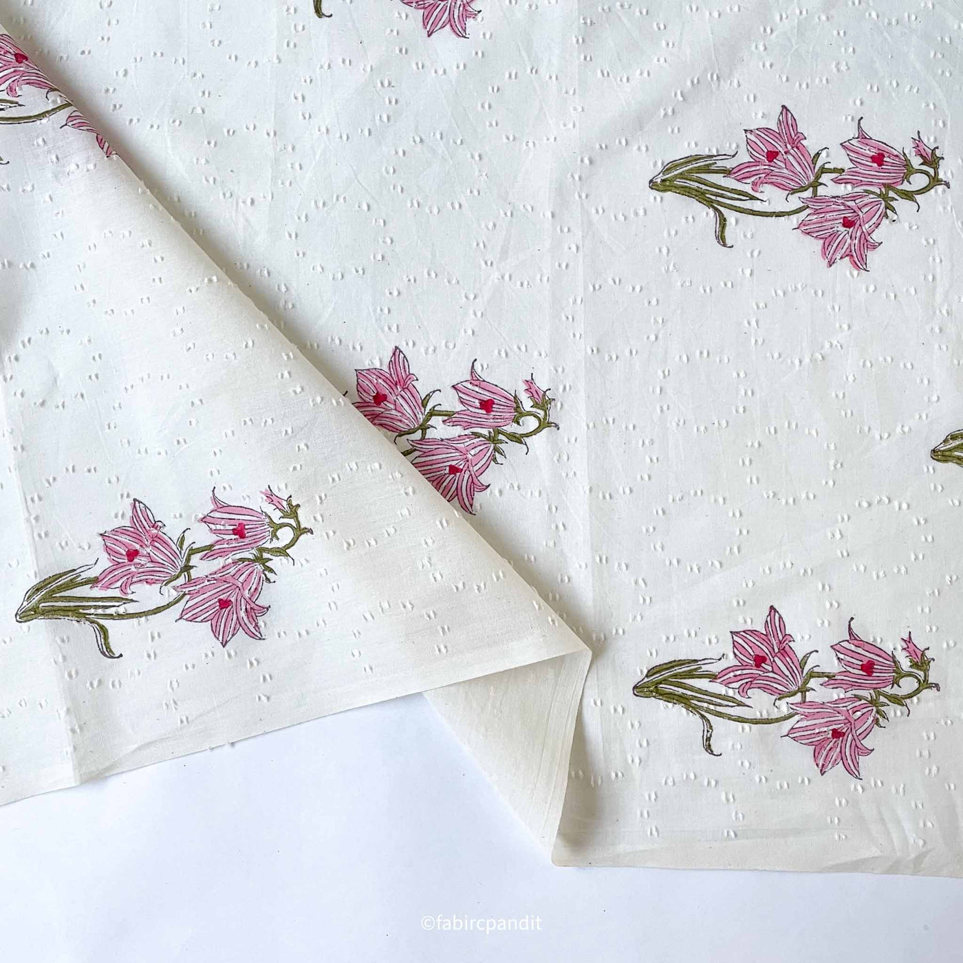 Fabric Pandit Cut Piece (CUT PIECE) Pink & White Dobby Carnations Hand Block Printed Pure Cotton Fabric (Width 44 inches)