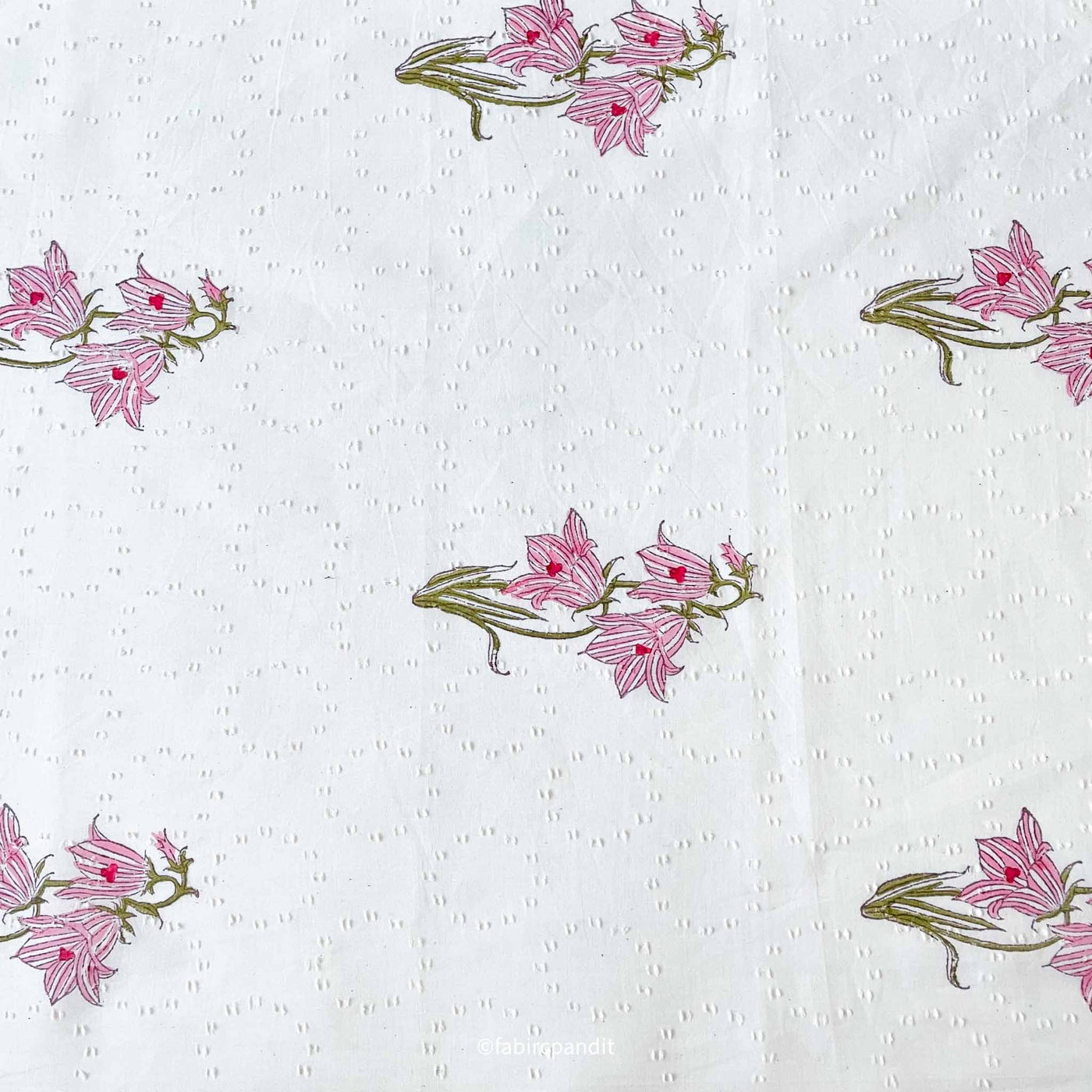 Fabric Pandit Cut Piece (CUT PIECE) Pink & White Dobby Carnations Hand Block Printed Pure Cotton Fabric (Width 44 inches)