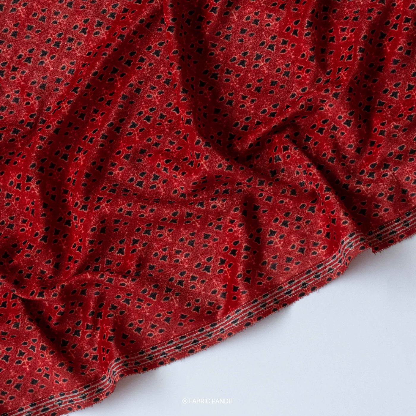 Fabric Pandit Cut Piece (CUT PIECE) Red and Black Ajrak Geometric Pattern Digital Print Pure Velvet Fabric (Width 44 Inches)