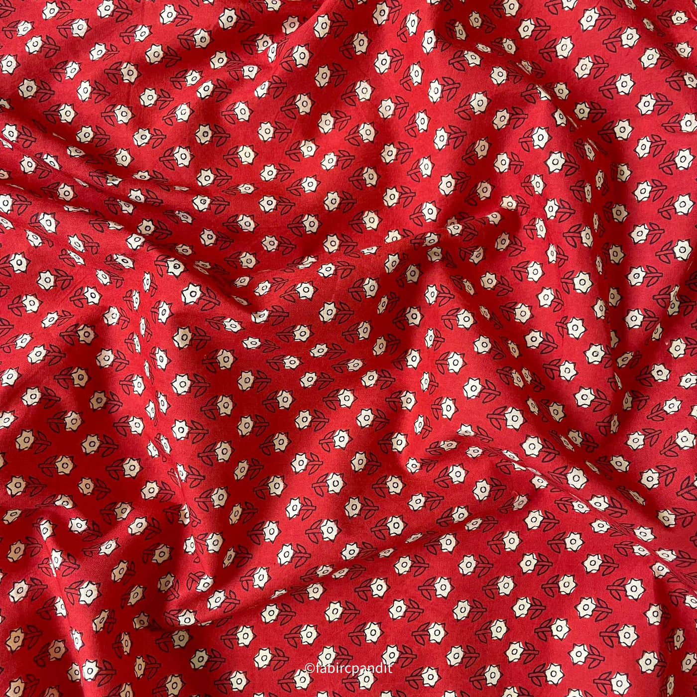 Fabric Pandit Cut Piece (CUT PIECE) Red and White Geometric Floral Hand Block Printed Pure Cotton Fabric (Width 43 inches)