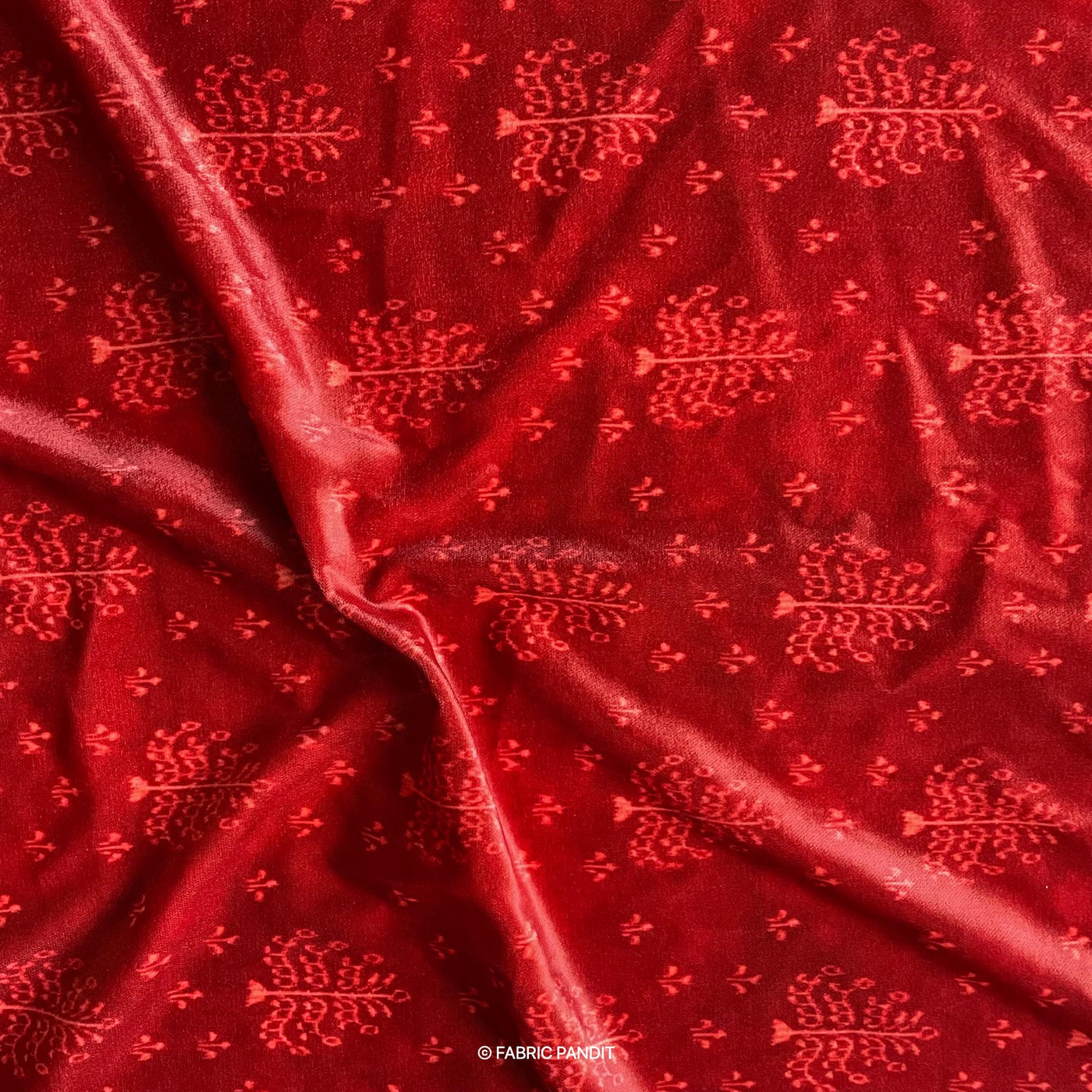 Fabric Pandit Cut Piece (CUT PIECE) Red Paisley Style Madhubani Digital Print Pure Velvet Fabric (Width 44 Inches)