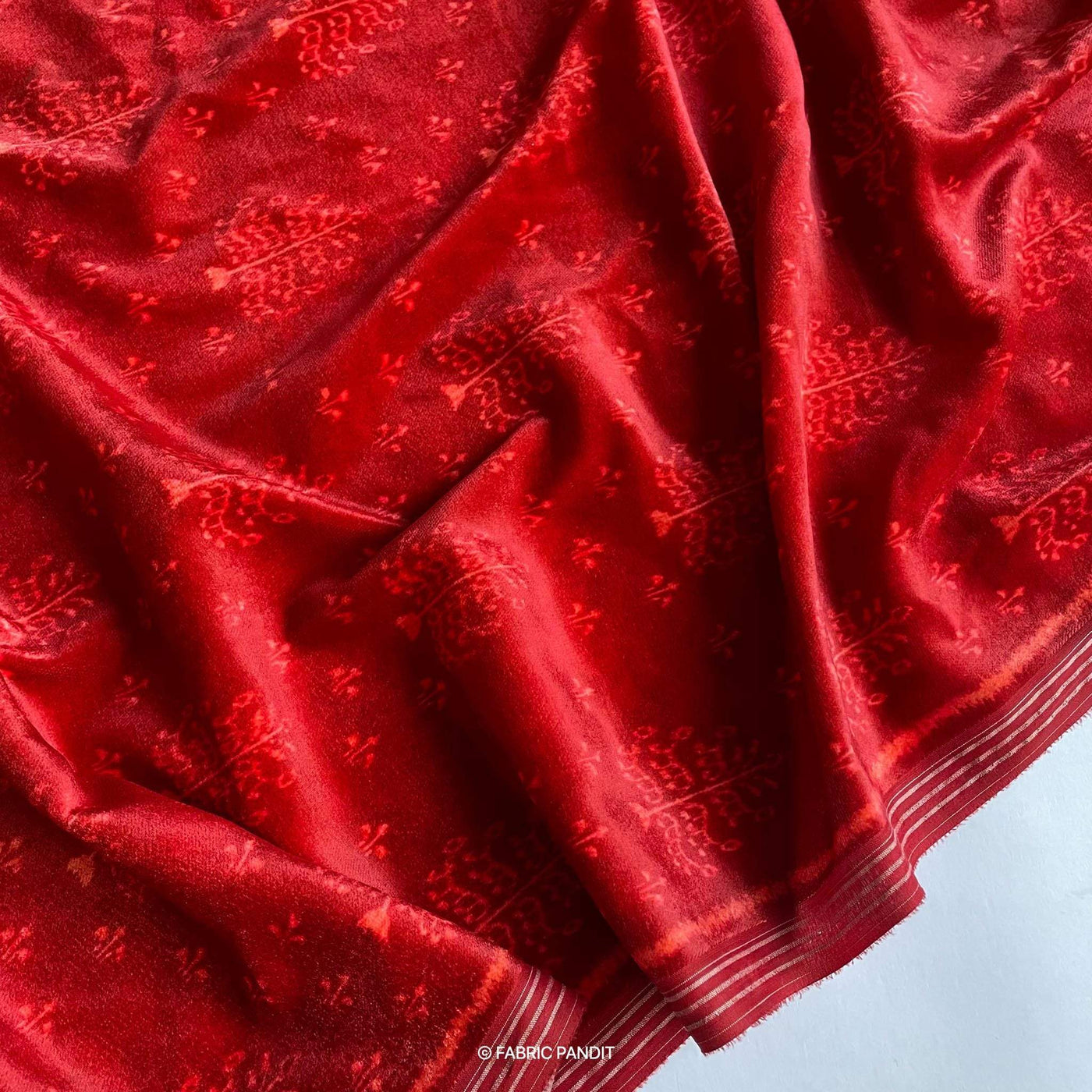 Fabric Pandit Cut Piece (CUT PIECE) Red Paisley Style Madhubani Digital Print Pure Velvet Fabric (Width 44 Inches)