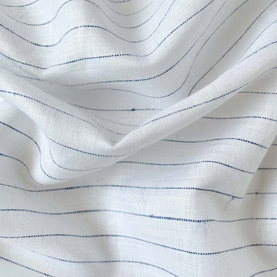 Fabric Pandit Cut Piece (CUT PIECE) Snow White & blue Delicate Stripes Premium 60 Lea Pure Linen Fabric (Width 58 Inches)