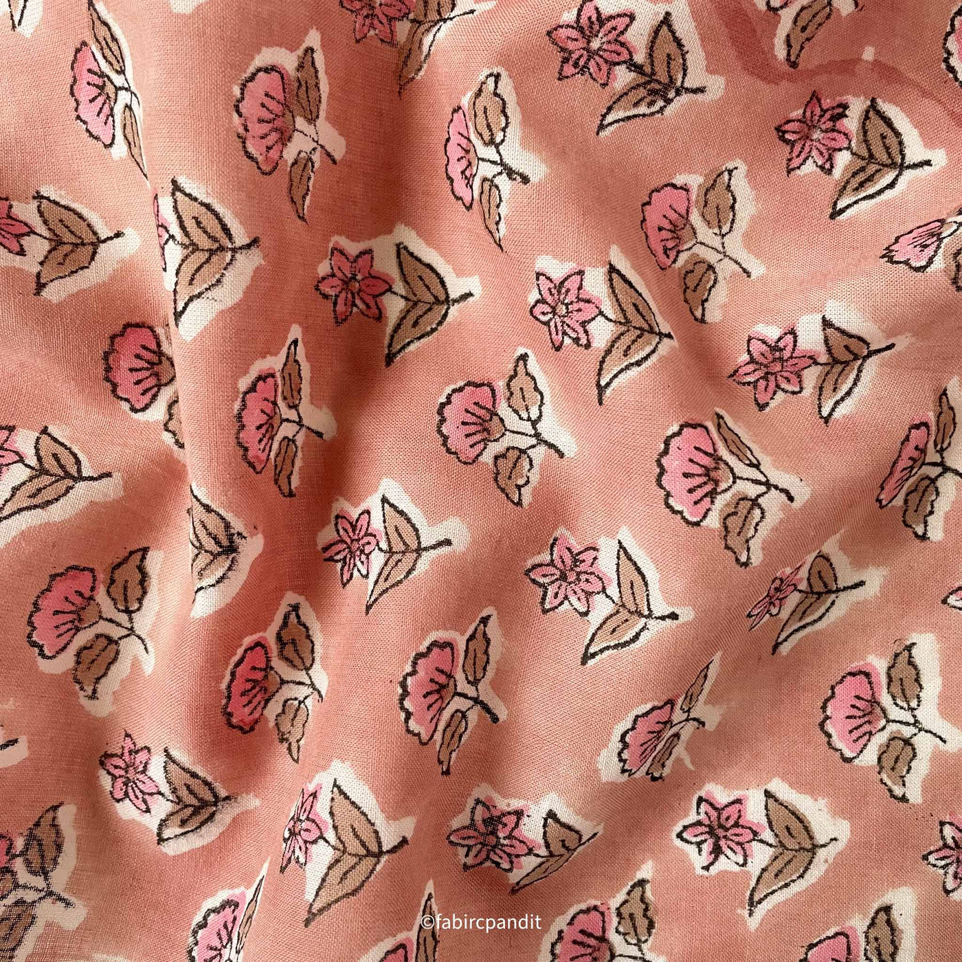 Fabric Pandit Cut Piece (CUT PIECE) Soft Peach Mughal Flower Pattern Hand Block Printed Pure Cotton Fabric (Width 43 inches)