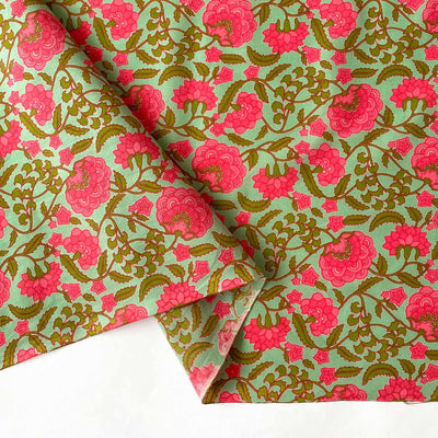 Fabric Pandit Cut Piece (CUT PIECE) Turquoise and Peach Wild Hydrangeas Hand Block Printed Pure Cotton Fabric (Width 42 Inches)