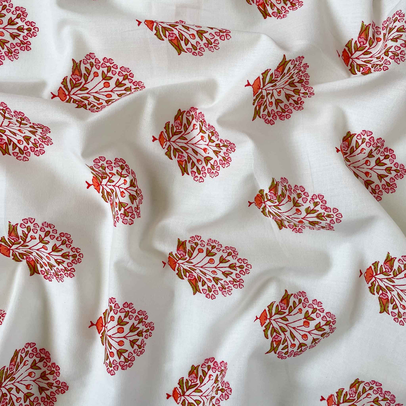 Fabric Pandit Cut Piece (CUT PIECE) White & Pink Flower Bunch Hand Block Printed Pure Cotton Fabric (Width 43 inches)