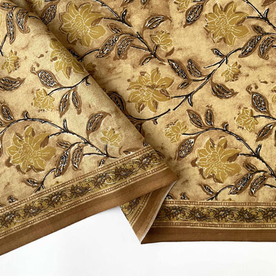 Fabric Pandit Cut Piece (CUT PIECE) Yellowish Brown Valley of Lilies Hand Block Printed Pure Cotton Fabric Width (43 inches)