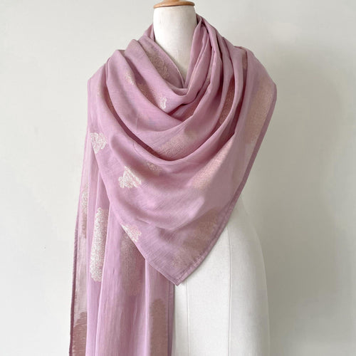 Fabric Pandit Dupatta Fabric Pandit Soft Lilac & Gold Woven Garden of Paisleys Pure Mul Cotton Dupatta (2.5 meters)