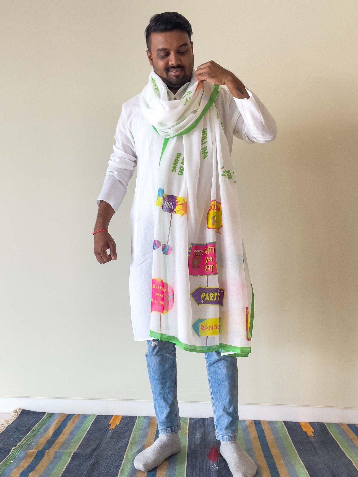 Fabric Pandit Dupatta Light Green Rang Barse Soft Cotton Printed Holi Dupattas (2.5 mtr)