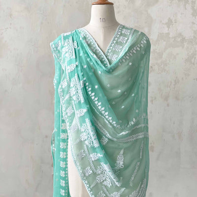 Fabric Pandit Dupatta Turquoise Floral Embroidered Pure Chiffon Dupatta