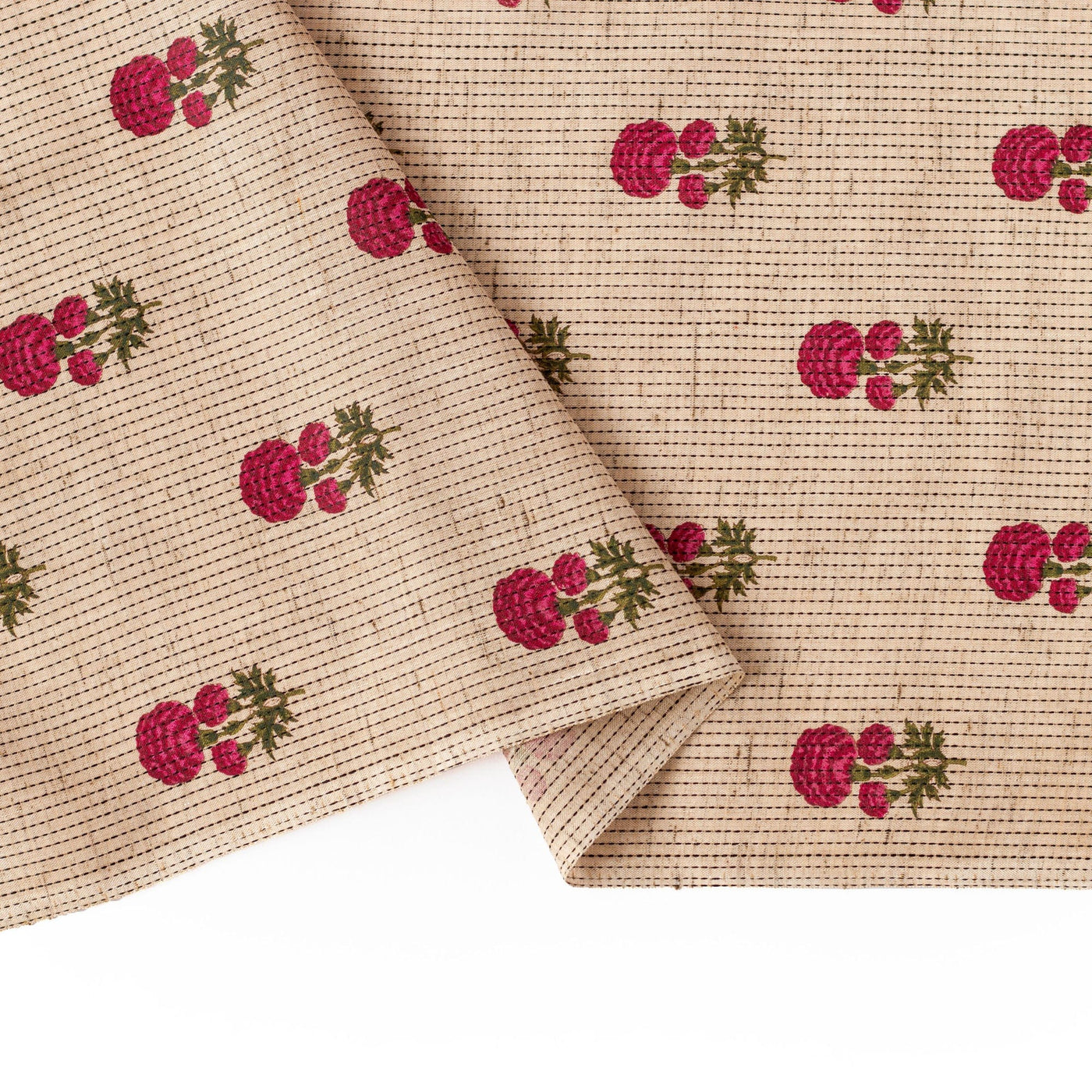 Fabric Pandit Fabric Beige and Magenta Floral Hydrangea Woven Kantha Hand Block Printed Pure Cotton Fabric (WIdth 44 Inches)