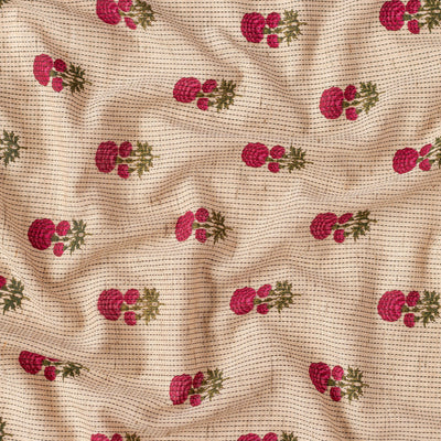 Fabric Pandit Fabric Beige and Magenta Floral Hydrangea Woven Kantha Hand Block Printed Pure Cotton Fabric (WIdth 44 Inches)