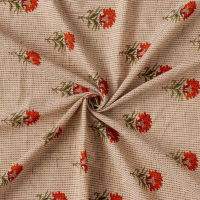 Fabric Pandit Fabric Beige and Orange Floral Woven Kantha Hand Block Printed Pure Cotton Fabric (WIdth 44 Inches)