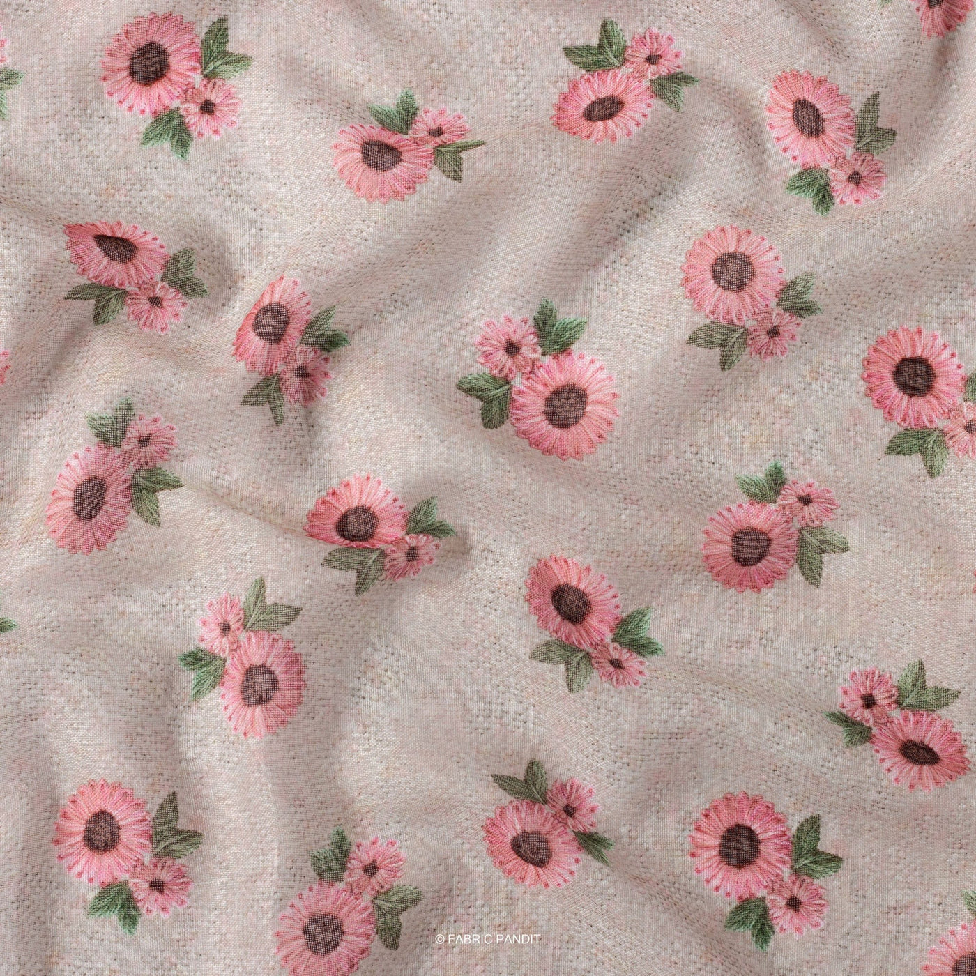 Fabric Pandit Fabric Beige and Pink Embroidered Flower Print Digital Printed Poly Blend Linen Neps Fabric (Width 44 Inches)