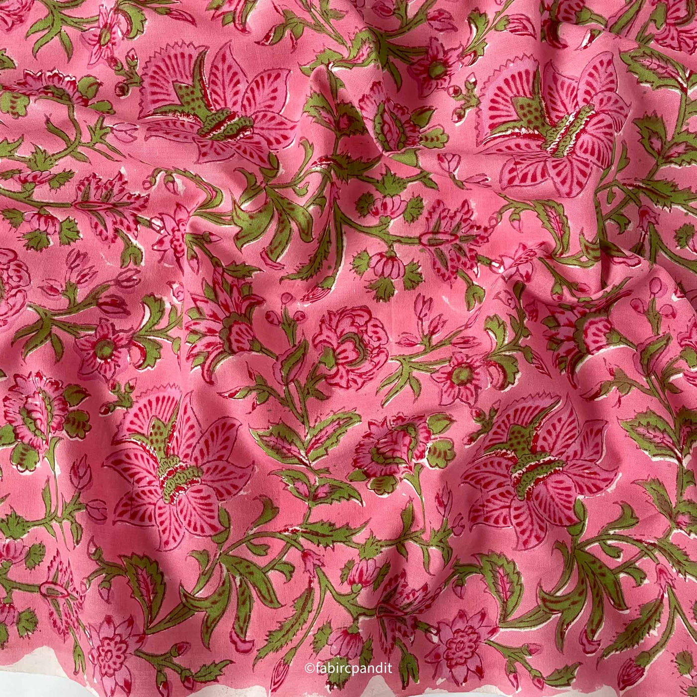 Fabric Pandit Fabric Berry Pink and Green Garden of Jasmine Hand Block Printed Pure Cotton Fabirc (Width 43 inches)