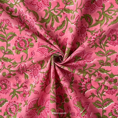 Fabric Pandit Fabric Berry Pink and Green Garden of Jasmine Hand Block Printed Pure Cotton Fabirc (Width 43 inches)