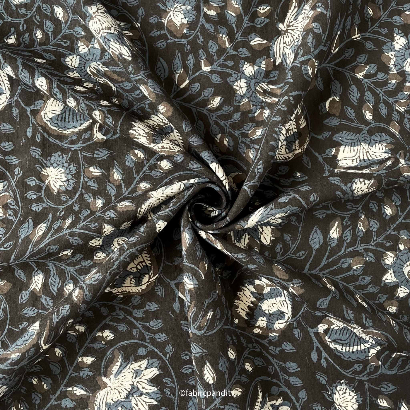 Fabric Pandit Fabric Black and Blue Pure Vegetable Dyed Egyptian Flora Hand Block Printed Pure Cotton Fabric (Width 43 inches)