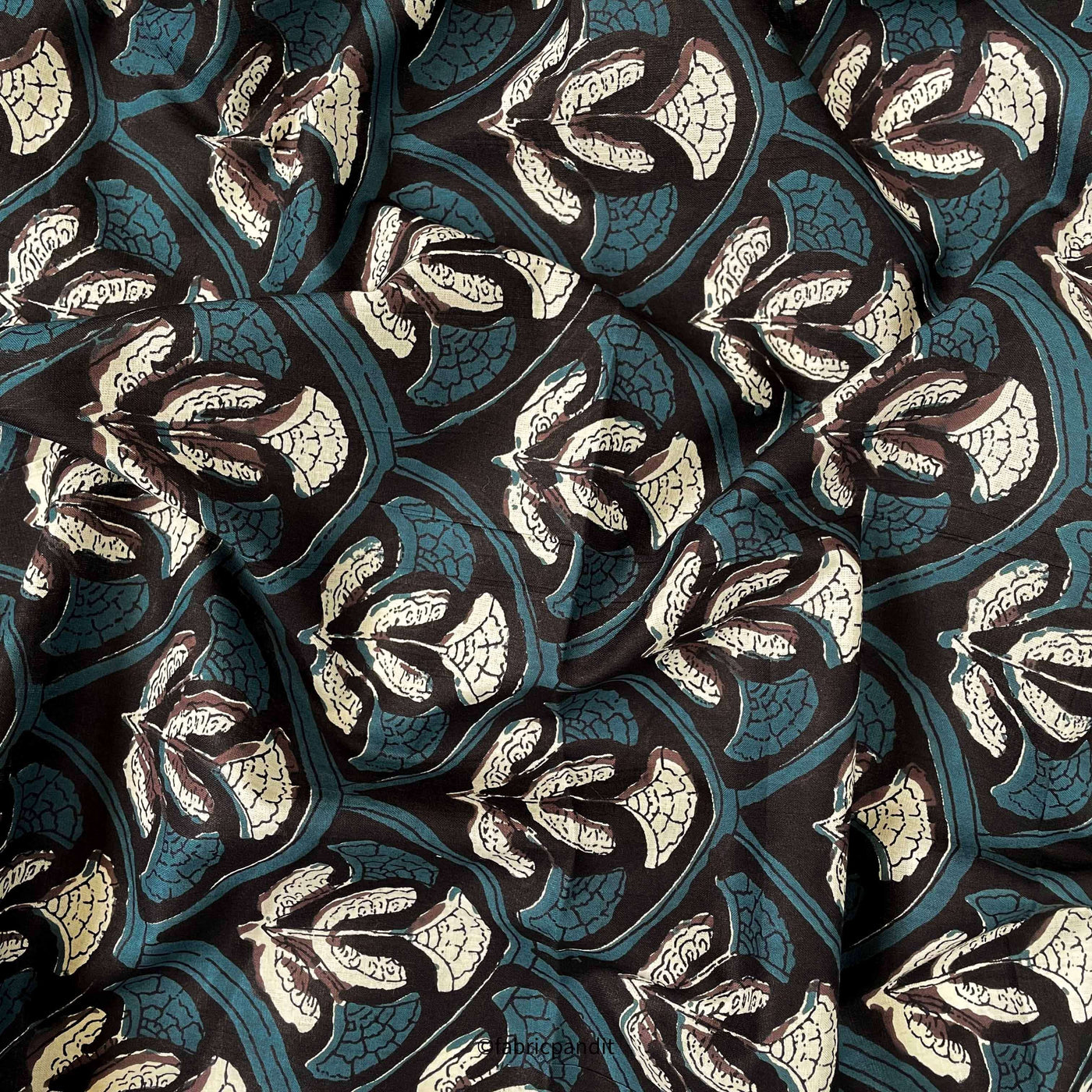 Fabric Pandit Fabric Black and Dusty Blue Egyptian Tulips Hand Block Printed Pure Cotton Modal Fabric (Width 42 inches)