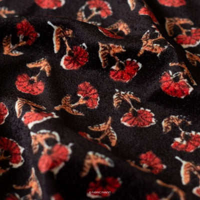 Fabric Pandit Fabric Black and Orange Ajrak Floral Pattern Digital Print Pure Velvet Fabric (Width 44 Inches)