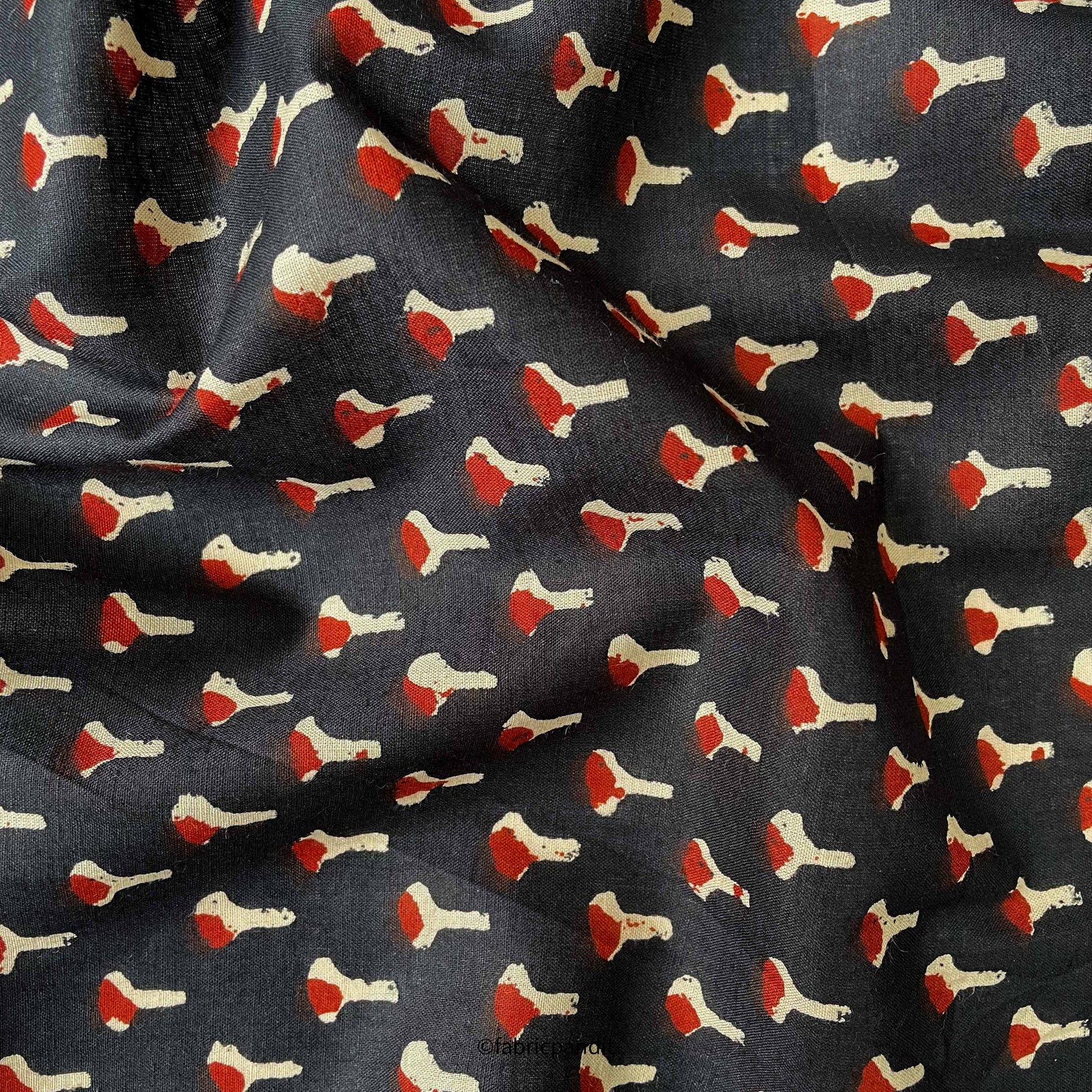 Fabric Pandit Fabric Black and Red Abstract Motif Allover Hand Block Printed Pure Cotton Fabric (Width 42 inches)