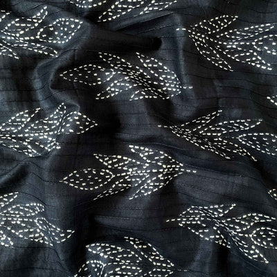 Fabric Pandit Fabric Black and White Leaf Pattern with Pintucks Hand Block Printed Pure Cotton Fabric (Width 36 inches)