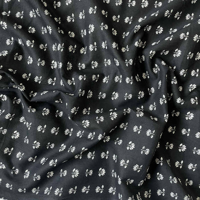 Fabric Pandit Fabric Black and White Water Lilies Hand Block Printed Pure Cotton Fabirc Width (43 inches)