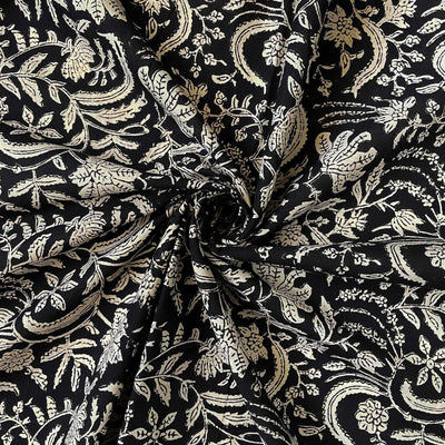 Fabric Pandit Fabric Black & Beige Floral Jaal Pure Ajrakh Natural Dyed Hand Block Printed Pure Cotton Fabric (Width 42 inches)