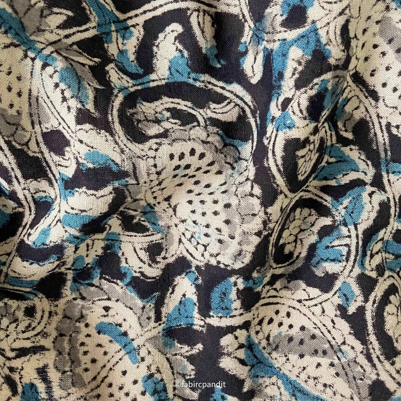 Fabric Pandit Fabric Black & Blue Pure Vegetable Dyed Wild Floral Vines Hand Block Printed Cotton Fabric (Width 43 inches)